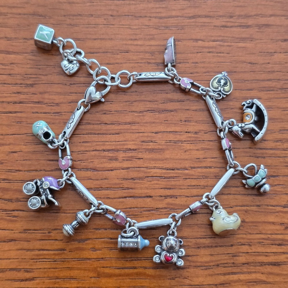 Brighton Silver Tone Baby Theme Charm Bracelet Rocking Horse Bear Enamel 8.5